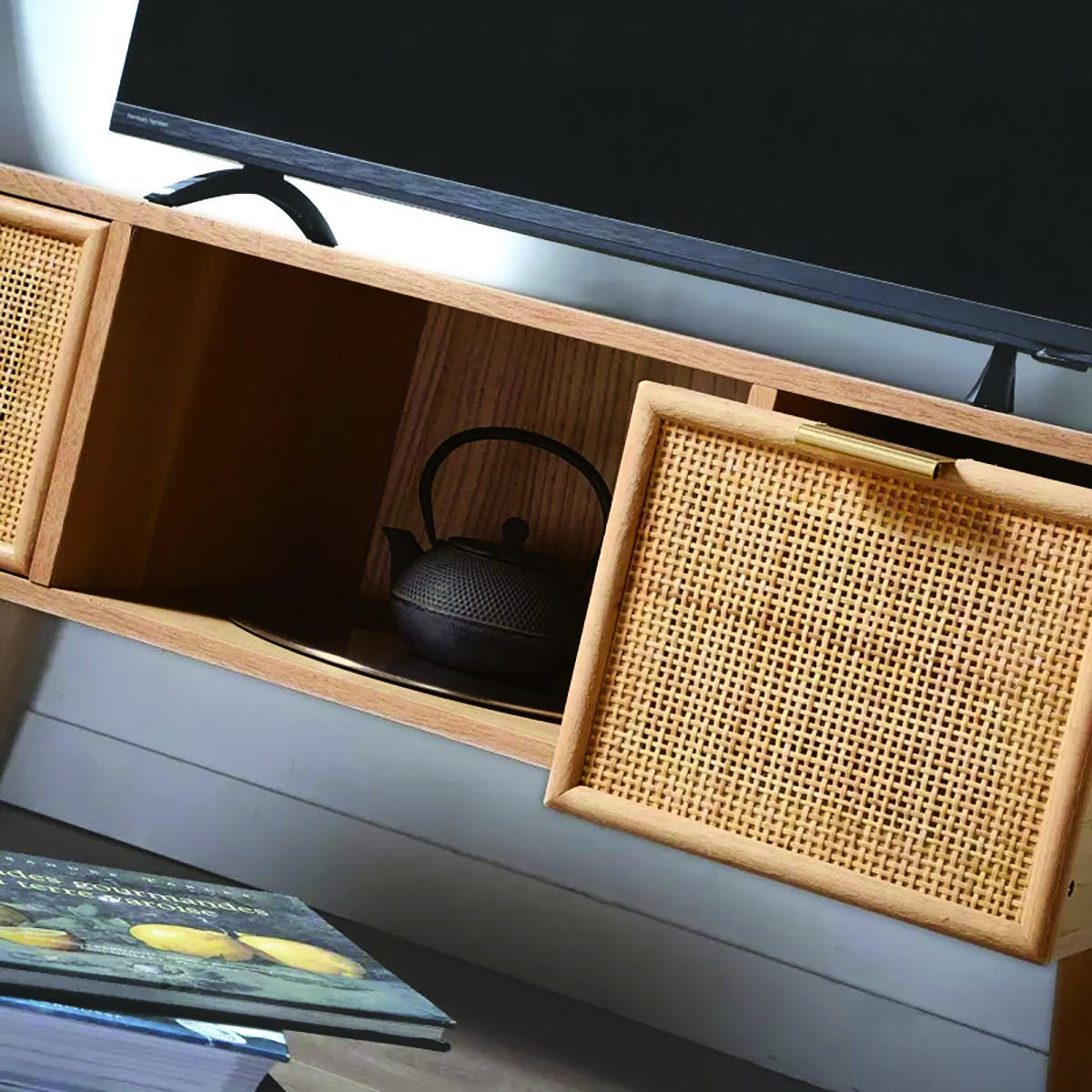 TV-MÖBEL mit 2 Schubladen Vorderseite aus Rattan - L100 cm - Eschefarben, Holzwerkstoff (42/45/45cm) - Calicosy