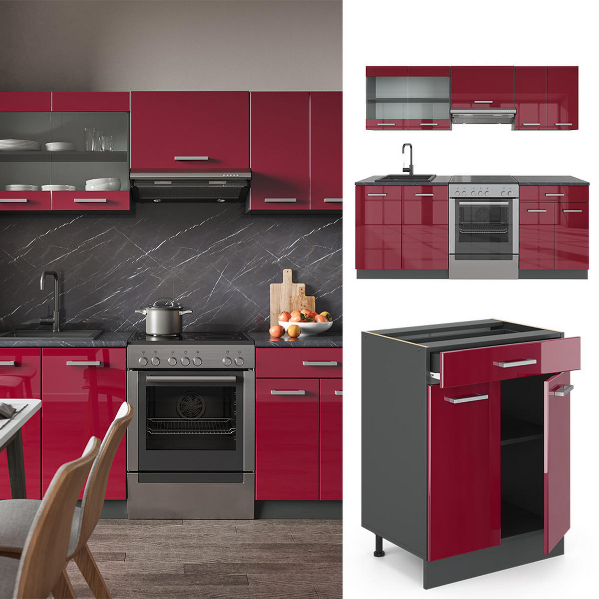 KÜCHENZEILE R-Line Bordeaux Hochglanz/Anthrazit 200 cm, AP Marmor - Bordeaux/Anthrazit, Holzwerkstoff (200/81.6/60cm) - Vicco