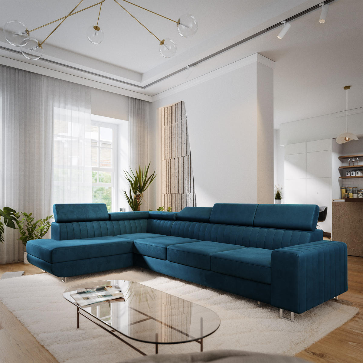 ECKSOFA HESTION Blau Velours-Stoff mit Schlaffunktion - Blau, Holz (332/190cm) - MASSENO