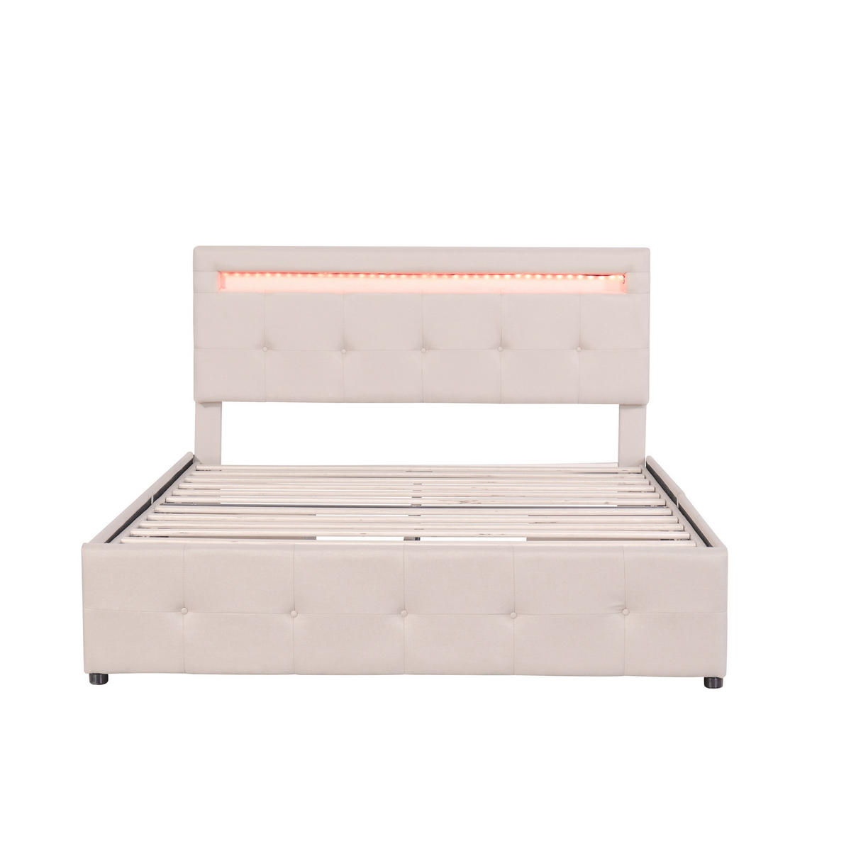 POLSTERBETT 140/200 cm DE-01701, in Beige, mit LED, 4 Schubladen und Bettkasten auf Rollen - Beige, Metall (140/200cm) - ComfortXL