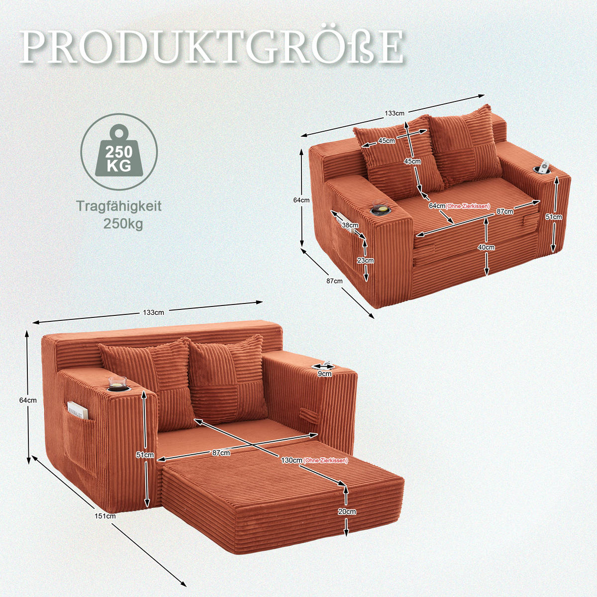 1,5-SITZER ausklappbar, Getränkehalter/Seitentasche, Cord, Orange - Orange, Textil (133/64/87cm) - LVHOM