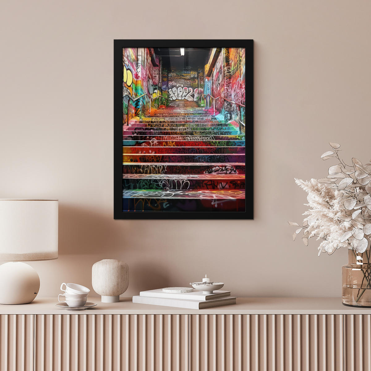 GERAHMTES BILD Treppe - Graffiti - Farben - Kunst 30x40 cm - Multicolor, Papier (30/40cm) - MuchoWow