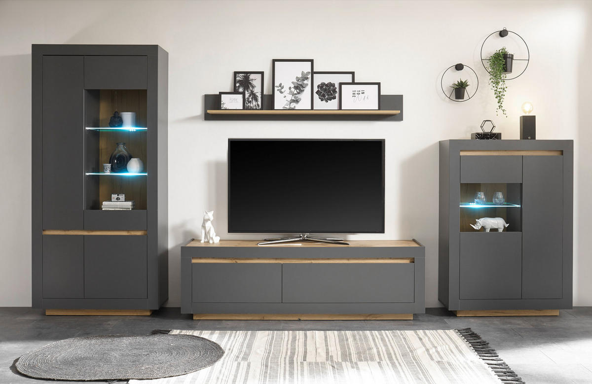 VITRINE anthrazit, Wotan Eiche, Vitrinenschrank 96 x 206 cm mit 10 Fächern - Eichefarben/Anthrazit, Glas/Eichenholz (96/206/38cm) - Furn.Design