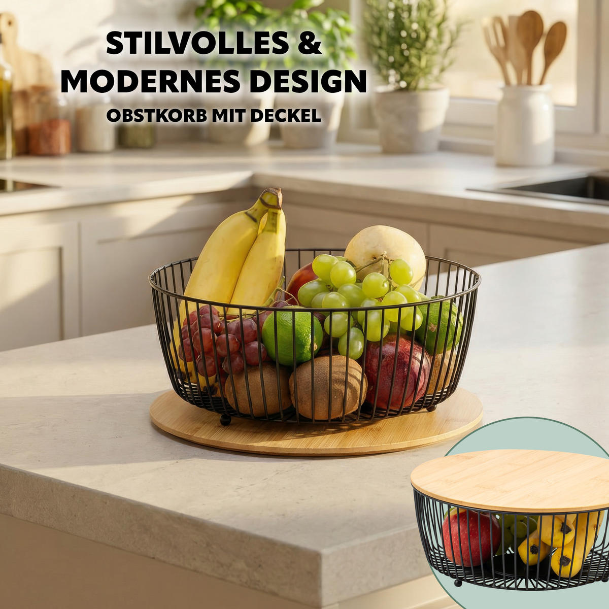 OBSTKORB mit Bambusdeckel, schwarz, rund - Schwarz, Metall (12.5cm) - eluno