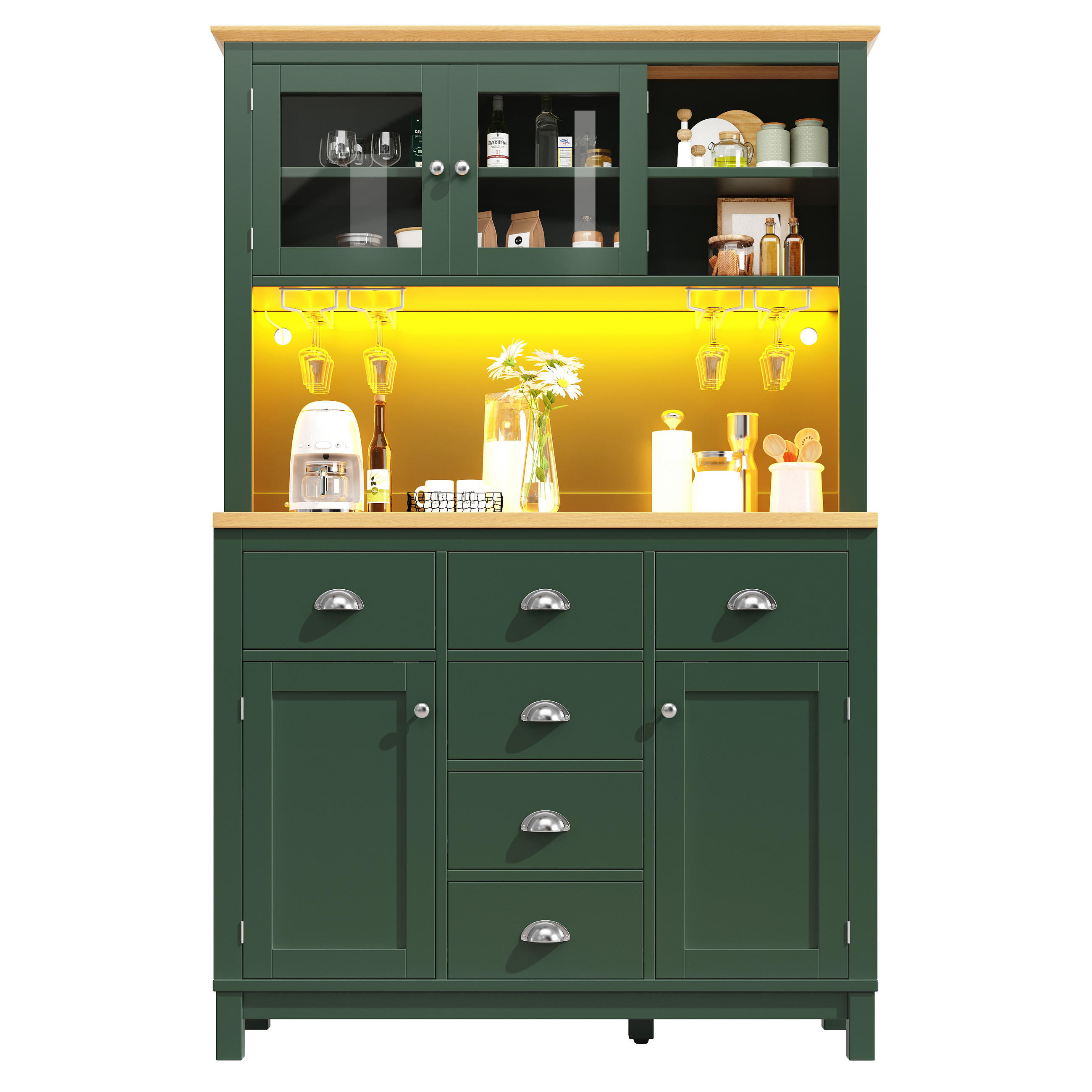 HIGHBOARD in Grün Küchenschrank mit LED-Lichtleiste und Schubladen für Küche und Wohnzimmer, B104/T40/H180 cm - Grün, Glas/Holzwerkstoff (104/180/40cm) - STILVORA