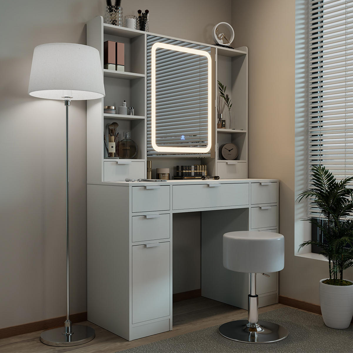 SCHMINKTISCH Solea Weiß 105 cm mit LED-Spiegel und Hocker - Weiß, Holzwerkstoff (105/156/40cm) - Vicco