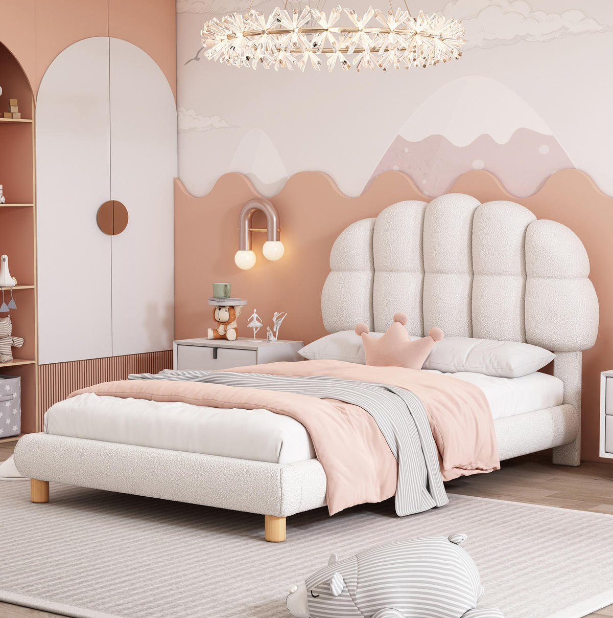 POLSTERBETT 90/200 cm aus Bouclé und MDF mit höhenverstellbarem Kopfteil Weiß - Weiß, Textil (90/200cm) - Modenvie