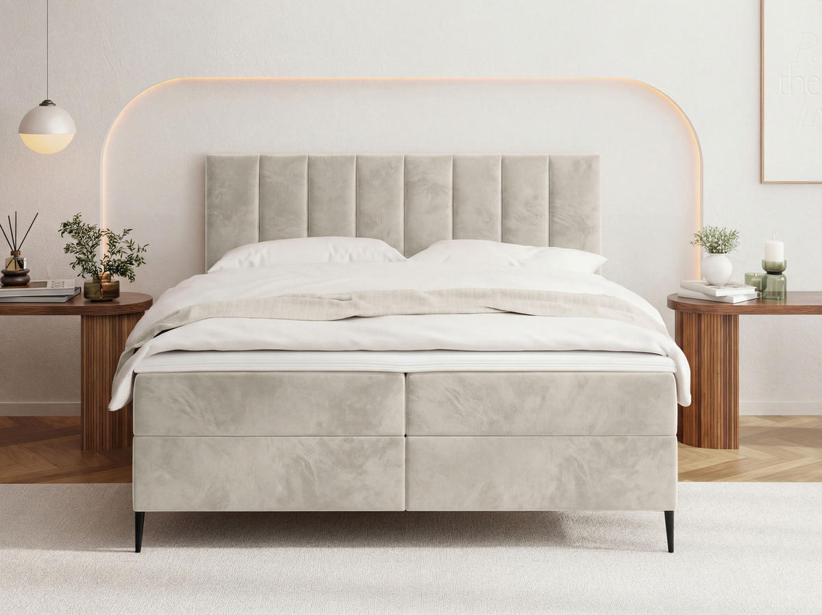 BOXBETT Allen mit Bettkasten, Samt Creme 160x200 cm – inkl. H4 Taschenfederkern Matratze & Foam Topper - Beige/Creme, Holzwerkstoff/Metall (160/200cm) - WFL GROUP