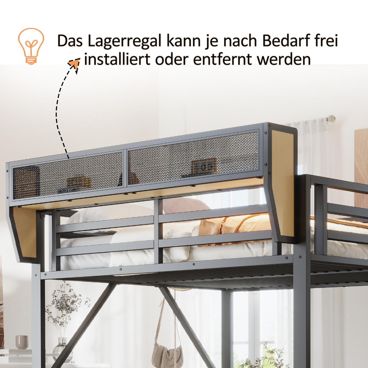 HOCHBETT 140/200 cm aus Metall mit flexiblem Ablagefach Schwarz - Schwarz, Metall (140/200cm) - Modenvie