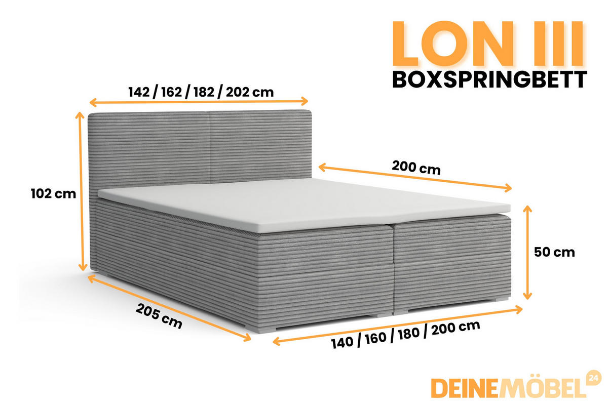 BOXBETT LON III 160/200 in Cord Hellgrau H3 - Hellgrau, Holz/Holzwerkstoff (160/200cm) - Deine Möbel 24