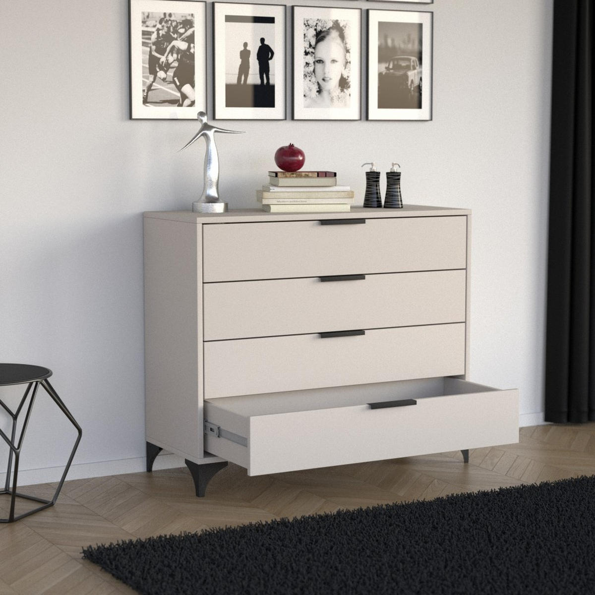 KOMMODE Home mit 4 Schubladen, 100 cm, mit Griffen, Kaschmir - Kaschmir/Schwarz, Holzwerkstoff (80/85/40cm) - Beautysofa