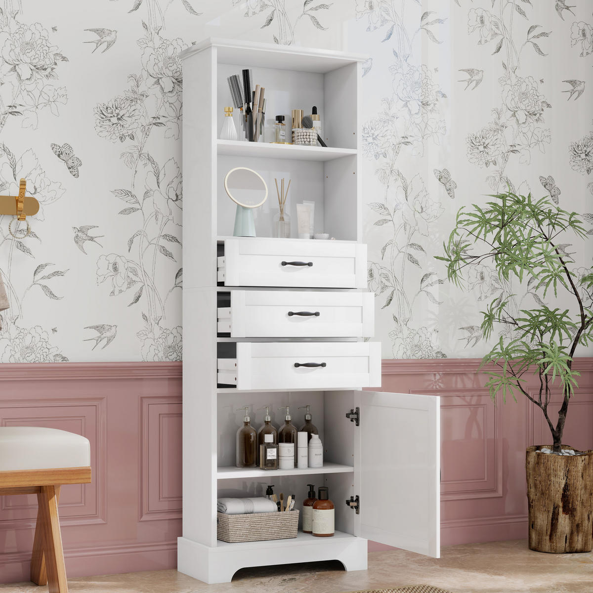 HOCHSCHRANK 56/25.6/167 cm Weiß mit 3 Schubladen, Staufach und offene Regale - Schwarz/Weiß, Holz/Holzwerkstoff (25.6/167/56cm) - Oxeza