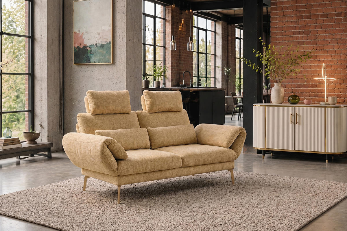 SOFA HOLLY Gelb Flachgewebe - Gelb/Braun, Textil/Metall (176/90/92cm) - KAWOLA