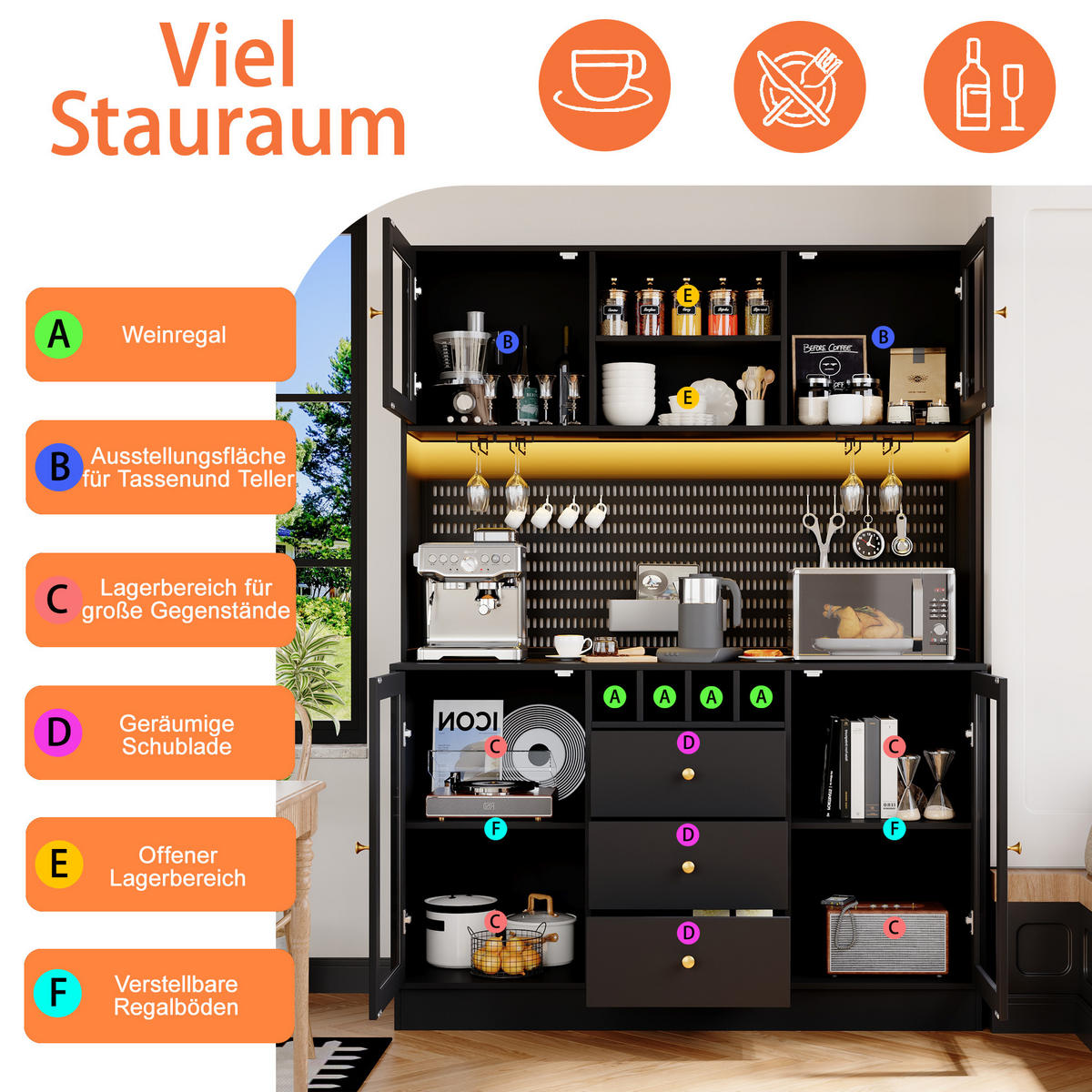 BUFFET 140/185,7/40 cm Schwarz aus MDF und Glas mit LED-Beleuchtung - Schwarz, Holzwerkstoff (40/185.7/140cm) - OKMYHOME