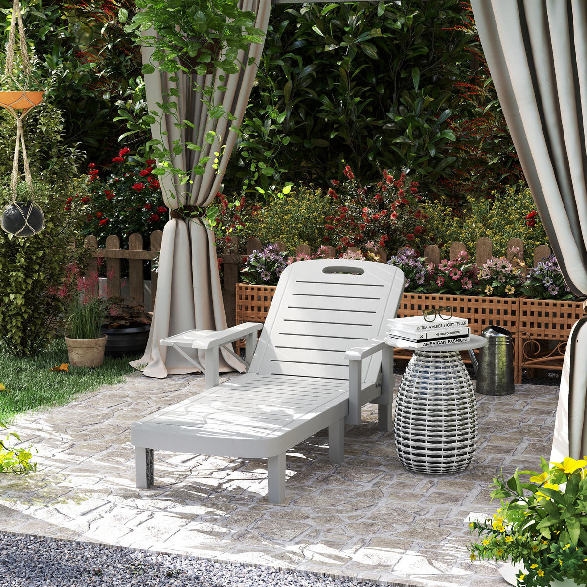 SONNENLIEGE mit Seitentisch Holzoptik - Hellgrau, Kunststoff (158/88/79cm) - Outsunny