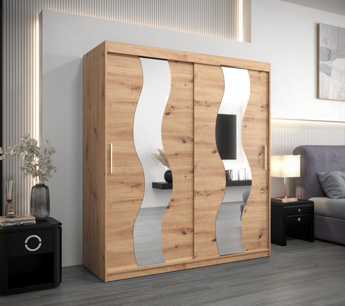 SCHWEBETÜRENSCHRANK 200/180/62 2-türig - Silberfarben/Eiche Artisan, Holz/Kunststoff (180/200/62cm) - MÖBEL KRYSPOL