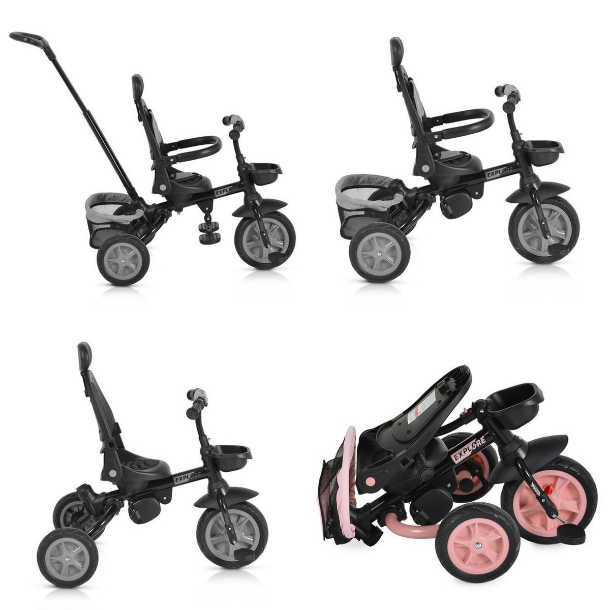 DREIRAD Explore 3 in 1 rosa 360° drehbarer Sitz, Schiebegriff, Körbe, Sonnendach, 3-Punkt-Gurt - Rosa, Metall (98/52/111cm)