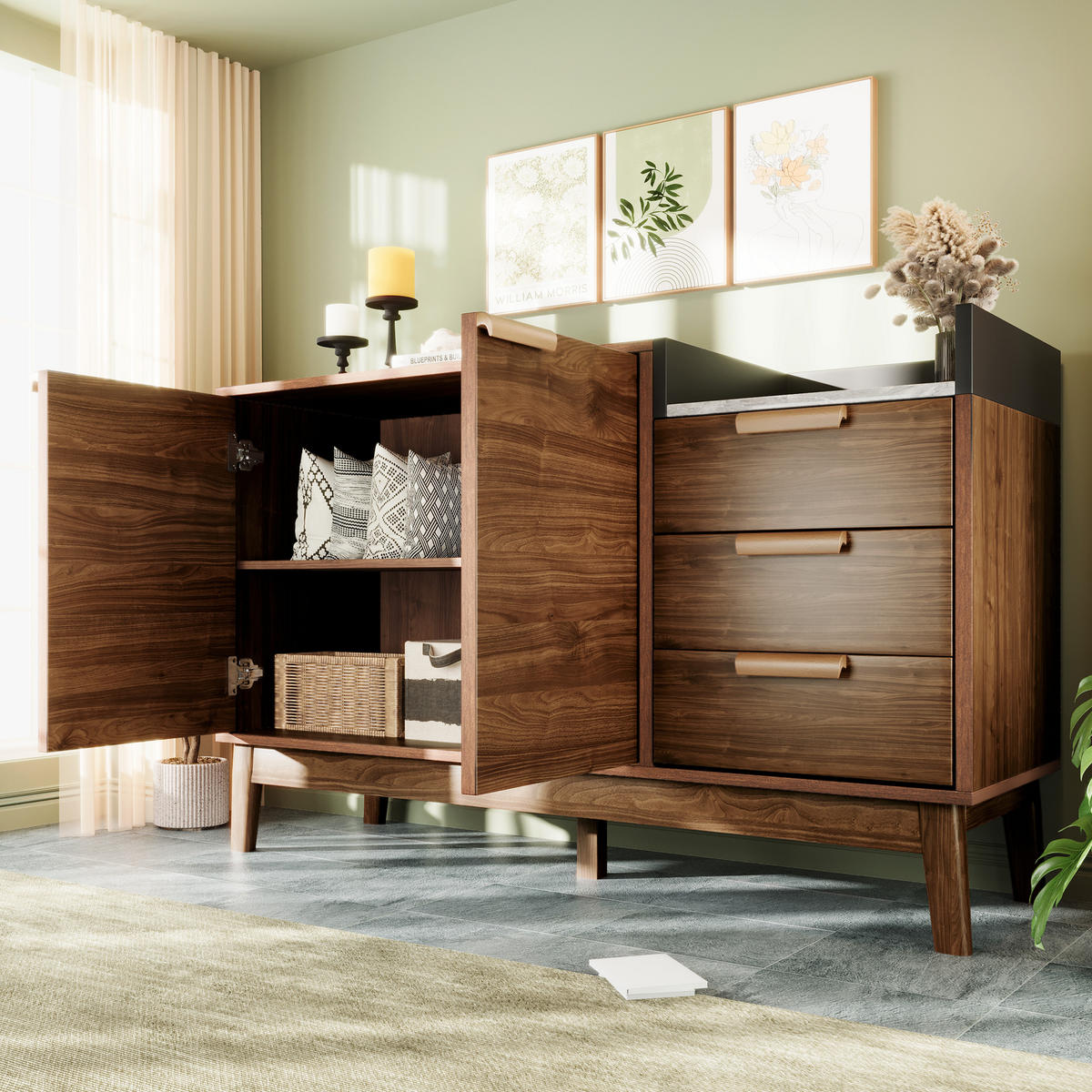 SIDEBOARD in Braun mit Marmor-Optik und Schubladen für Wohnzimmer, B120/T40/H77 cm - Braun, Holz/Holzwerkstoff (120/77/40cm) - STILVORA
