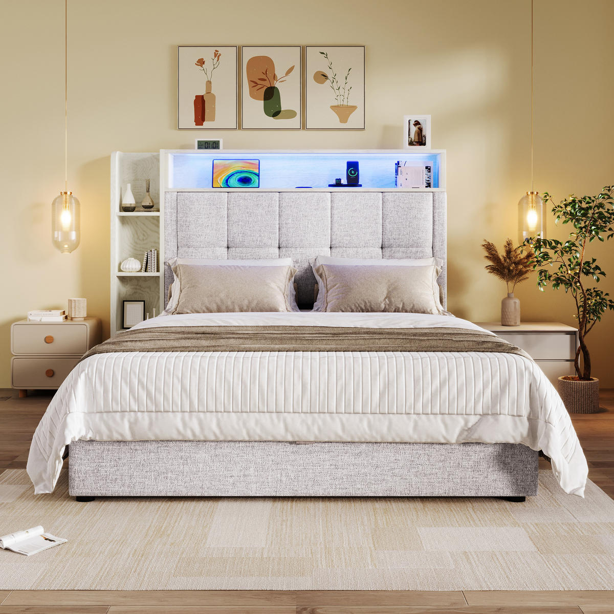 POLSTERBETT 90/200 cm Beige mit Stauraum, LED-Beleuchtung und USB- und Type-C-Anschlüssen - Beige, Textil (90/200cm) - Flora Grace