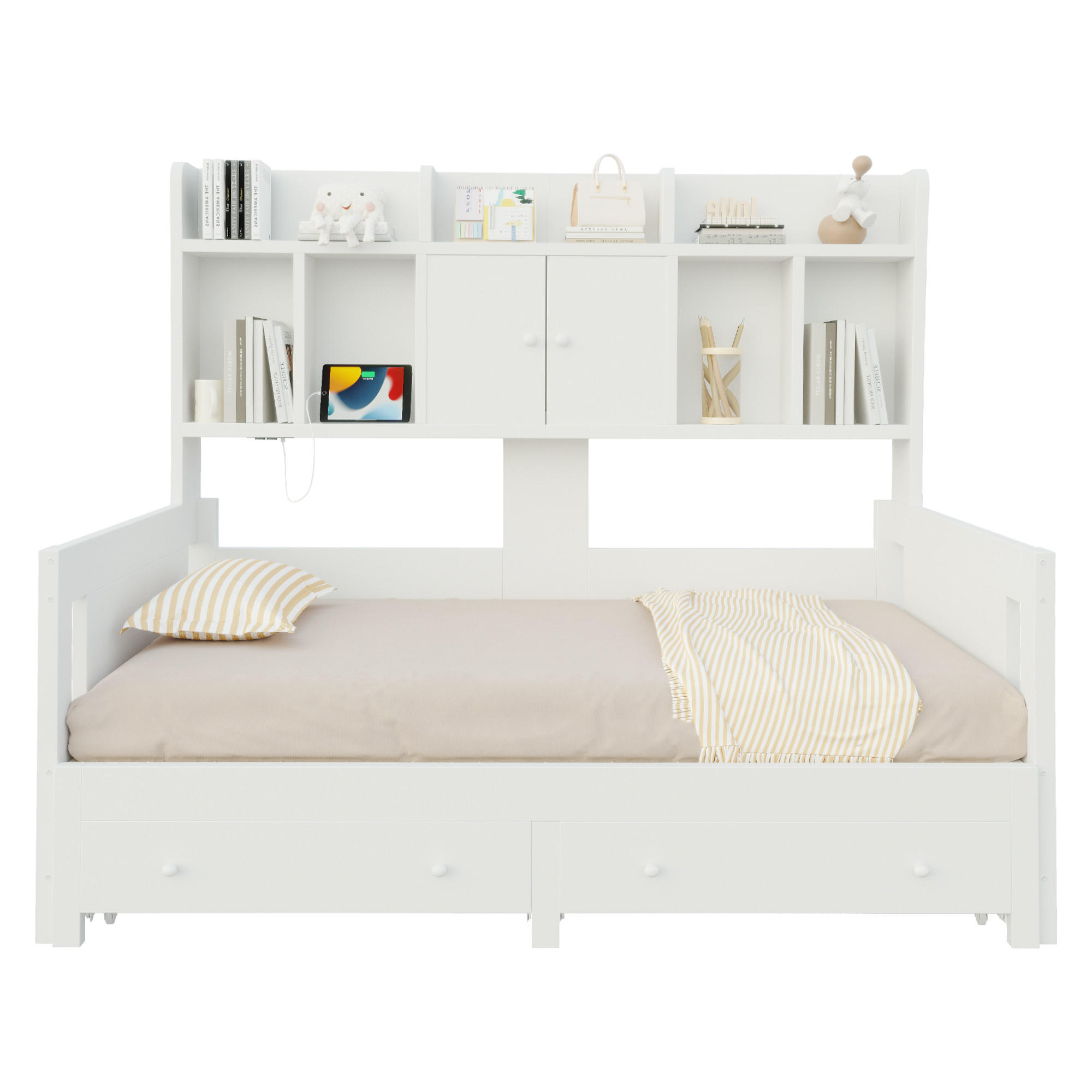 SCHLAFSOFA Holz Ausziehbett LED Stauraum Steckdose Weiß - Weiß, Holz (90/190cm) - FLIEKS