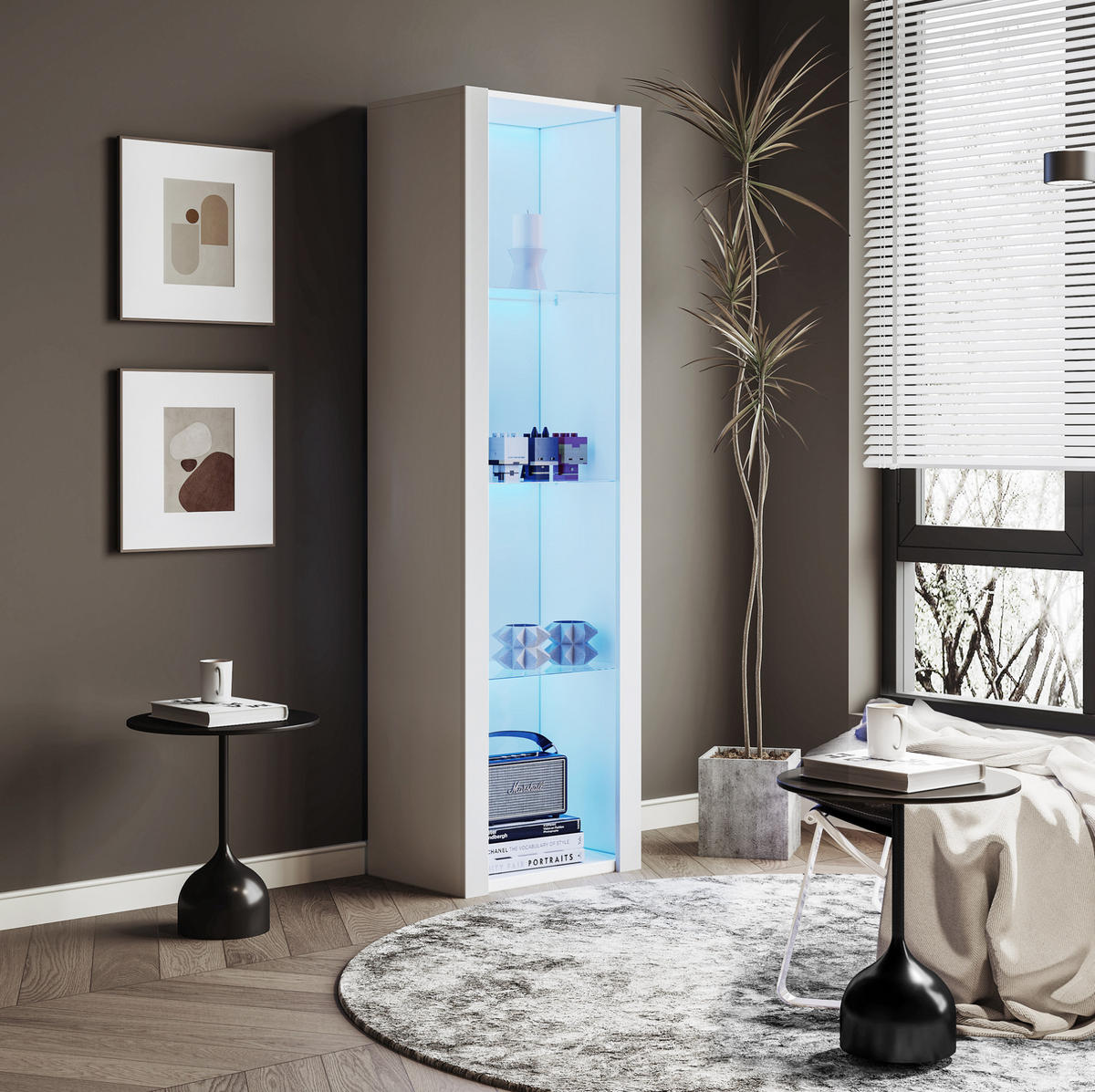 VITRINA 55/38/166 cm bijela od iverice s LED rasvjetom i 3 staklene police - bijela, drvni materijal (55/166/38cm) - OKWISH