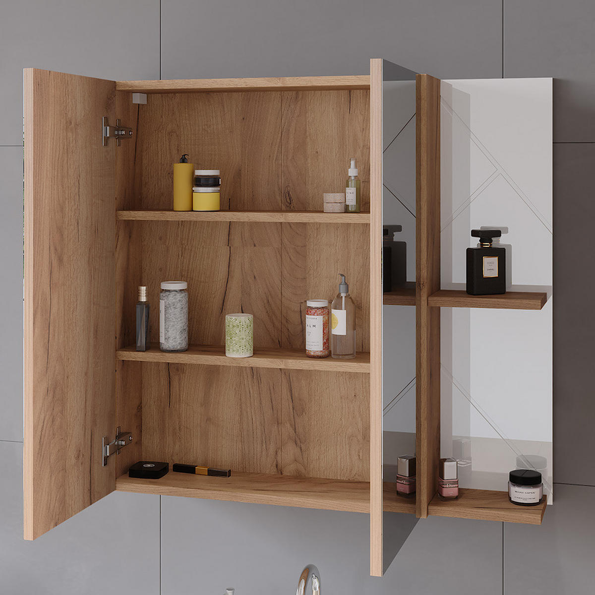 BADSPIEGELSCHRANK Irma Goldkraft Eiche/Weiß Hochglanz 80 x 75 cm - Weiß Hochglanz/Eiche Wotan, Holzwerkstoff (80/75/17.2cm) - Vicco