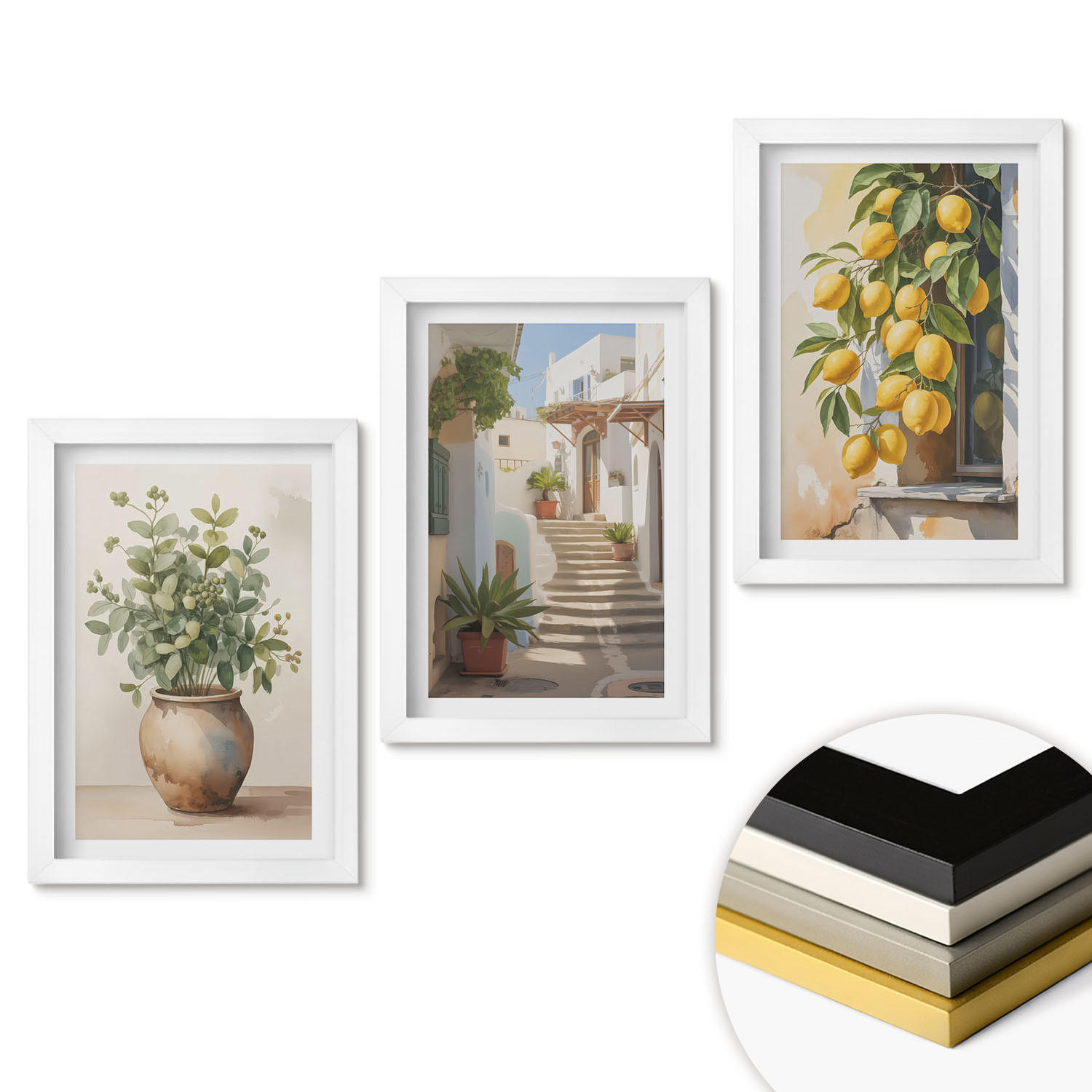 WANDBILDER 3er-Set - 20x30 cm Weißer Rahmen - Zitronenblumen im Topf, Straßen - Weiß, Kunststoff (20/30cm) - ArtPrintCave