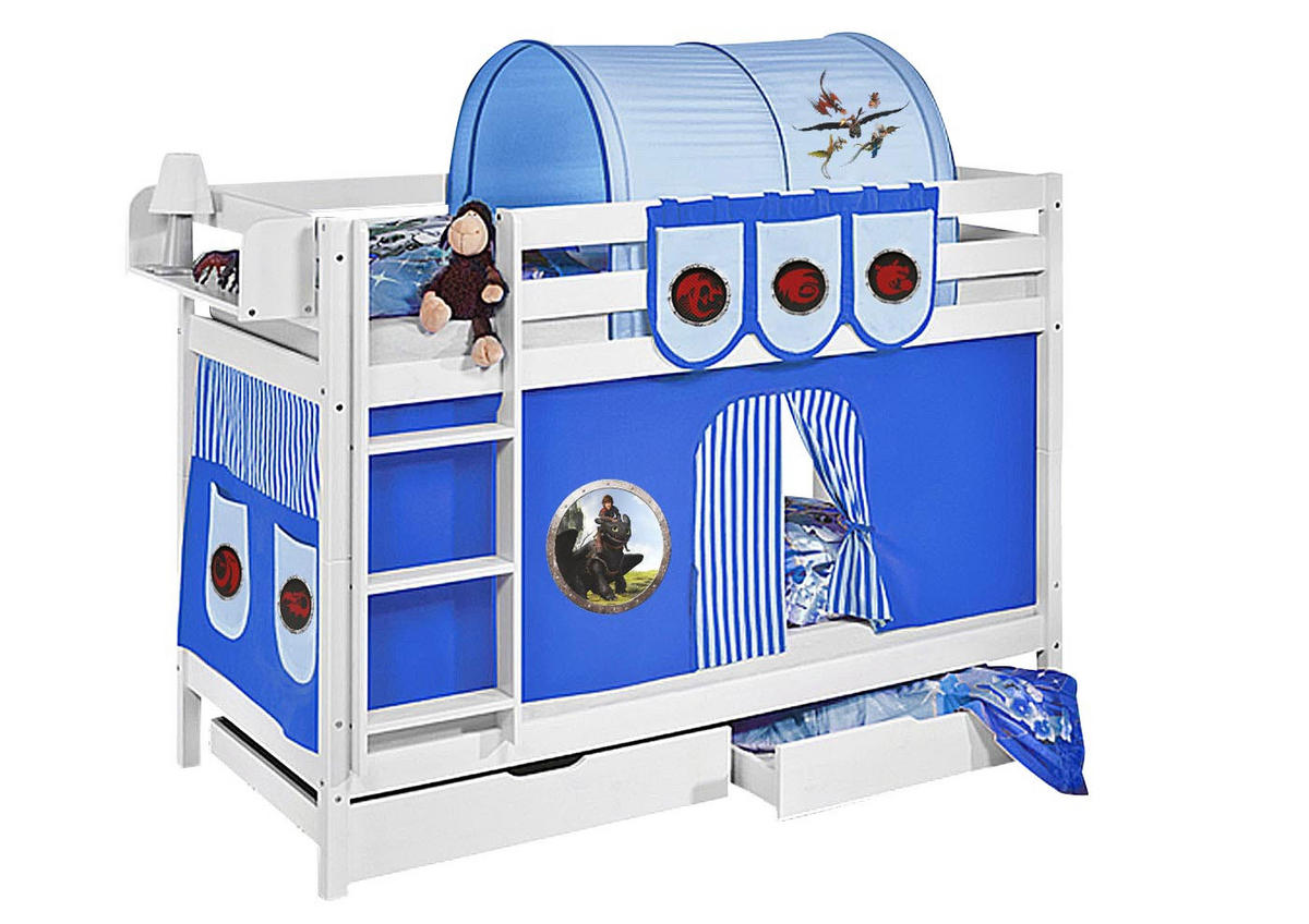 ETAGENBETT JELLE 90x200 cm Dragons blau - Hochbett - inkl. Vorhang und 2 Lattenrosten - Weiß, Holz - Lilokids