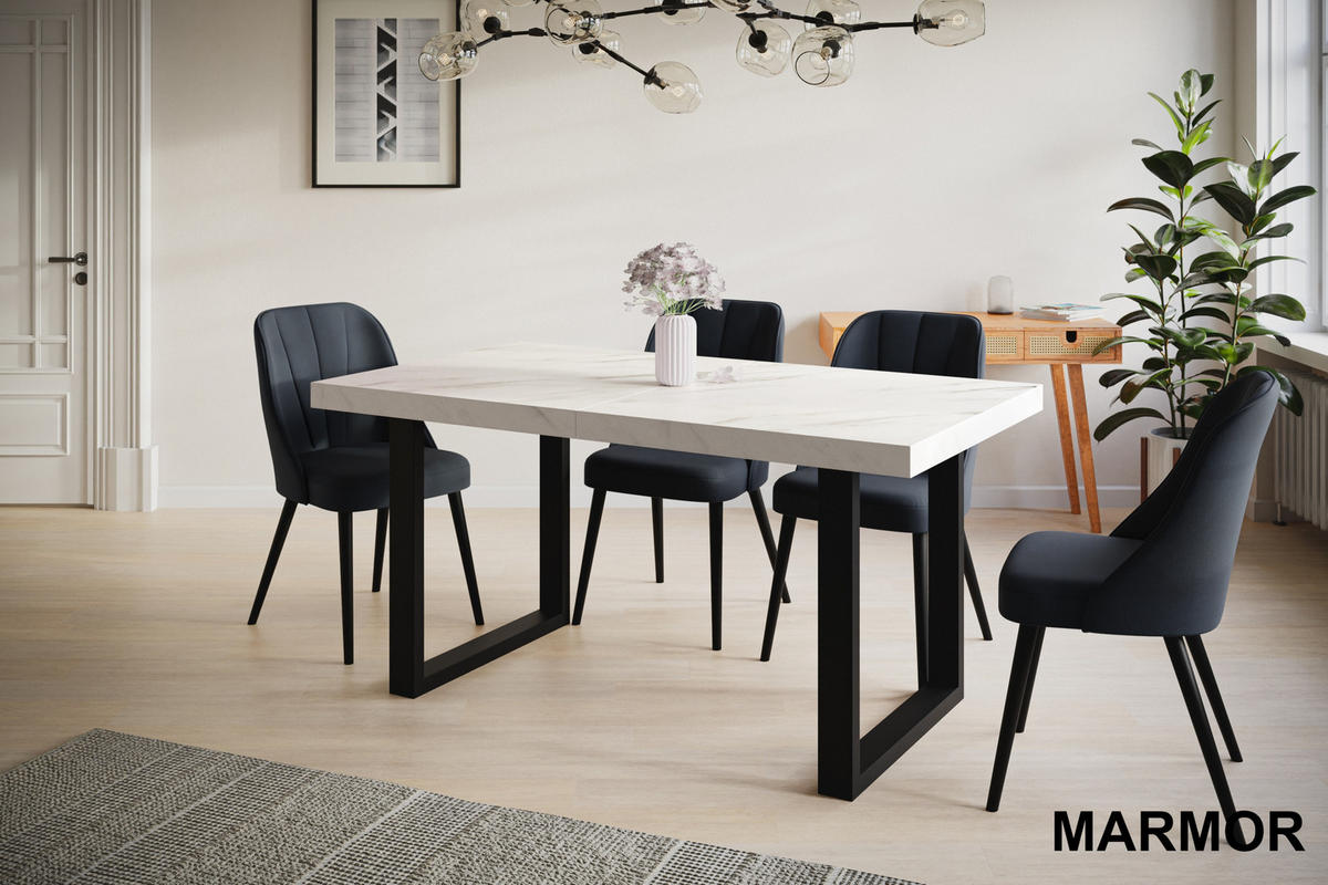 ESSZIMMERTISCH LOFT-U 140X80X77 cm, Farbe: MARMUR, mit Metallbeinen in Farbe Schwarz - Hellgrau/Schwarz, Holzwerkstoff (140/80/77cm) - Alpi-Möbel