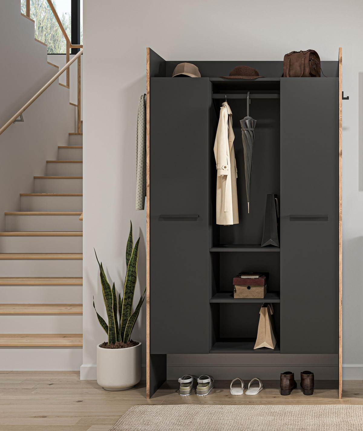 GARDEROBENSCHRANK BUENO (B/H/T: ca. 105/189/37 cm) in Basalt grau/Basalt grau - Grau, Holzwerkstoff (105/189/37cm)