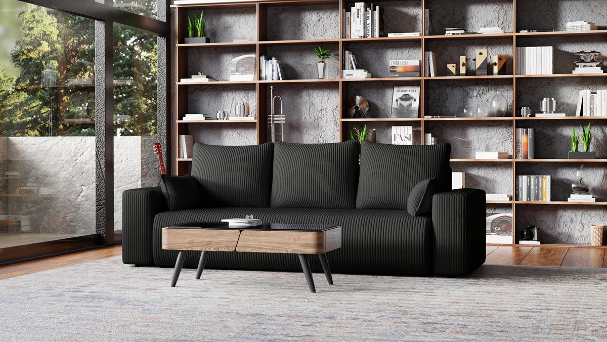 SOFA Bubi mit Bettkasten und Schlaffunktion, Cordstoff - Anthrazit, Holzwerkstoff (242/85/95cm)