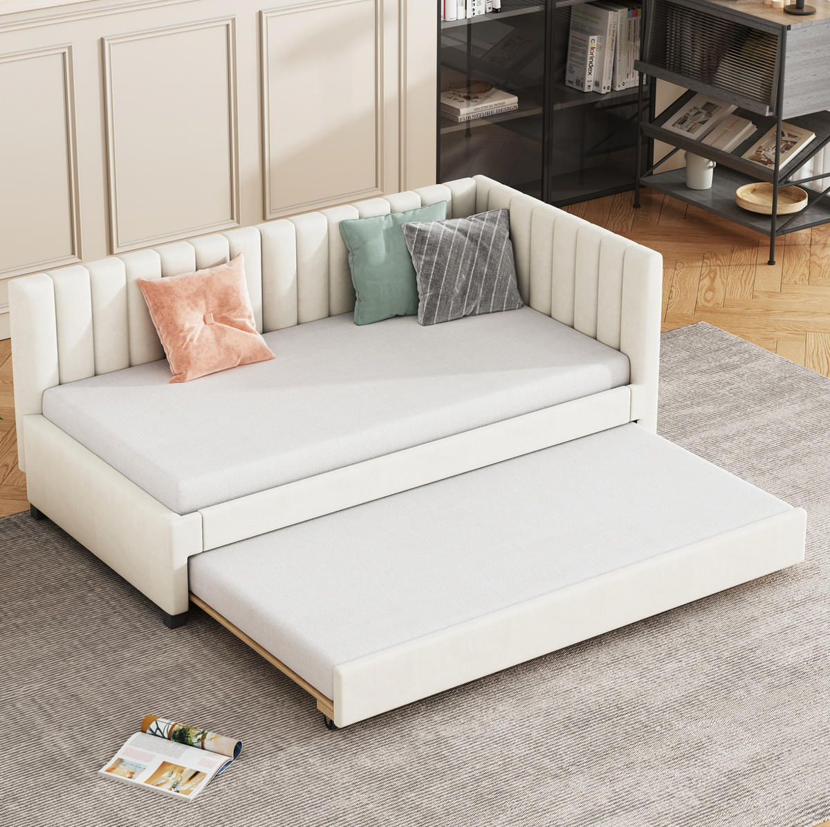 BETT aus Samtstoff 90x200 cm Beige mit Ausziehbett, Lattenrost und gepolstertem Kopfteil - Beige, Leder (140/200cm) - Modfu