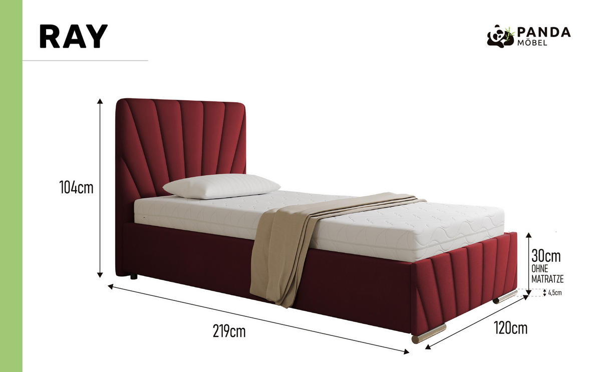 POLSTERBETT Ray 100 x 200 cm mit Bettkasten und Lattenrost taschenfederkernmatratze mit kokos 20cm- rot - Rot, Holz (100/200cm) - Panda Möbel