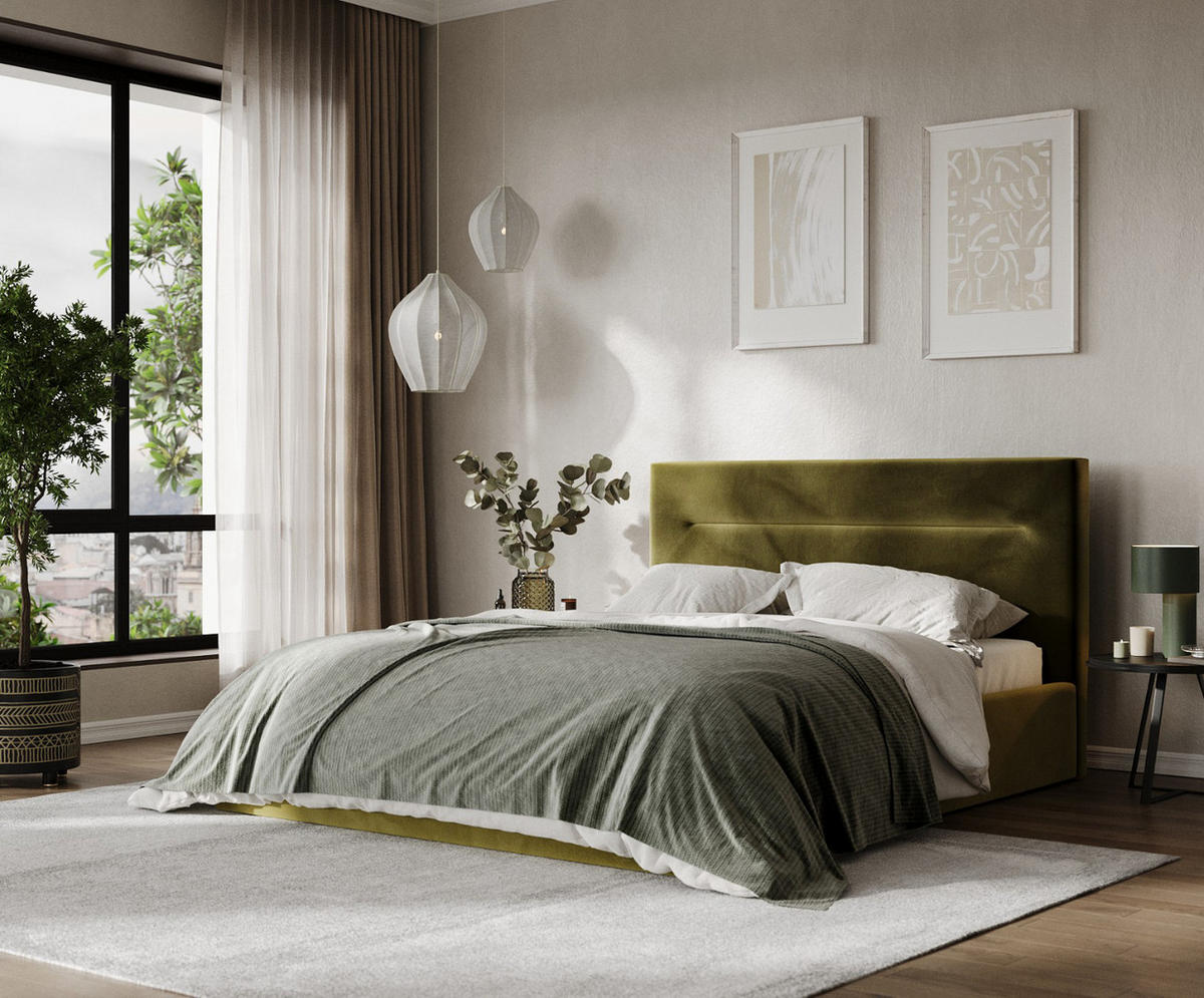 POLSTERBETT Liline 160/200 cm Olivgrün im Kronos Stoff - Schwarz/Naturfarben, Holz/Holzwerkstoff (160/200cm) - AltaBeds