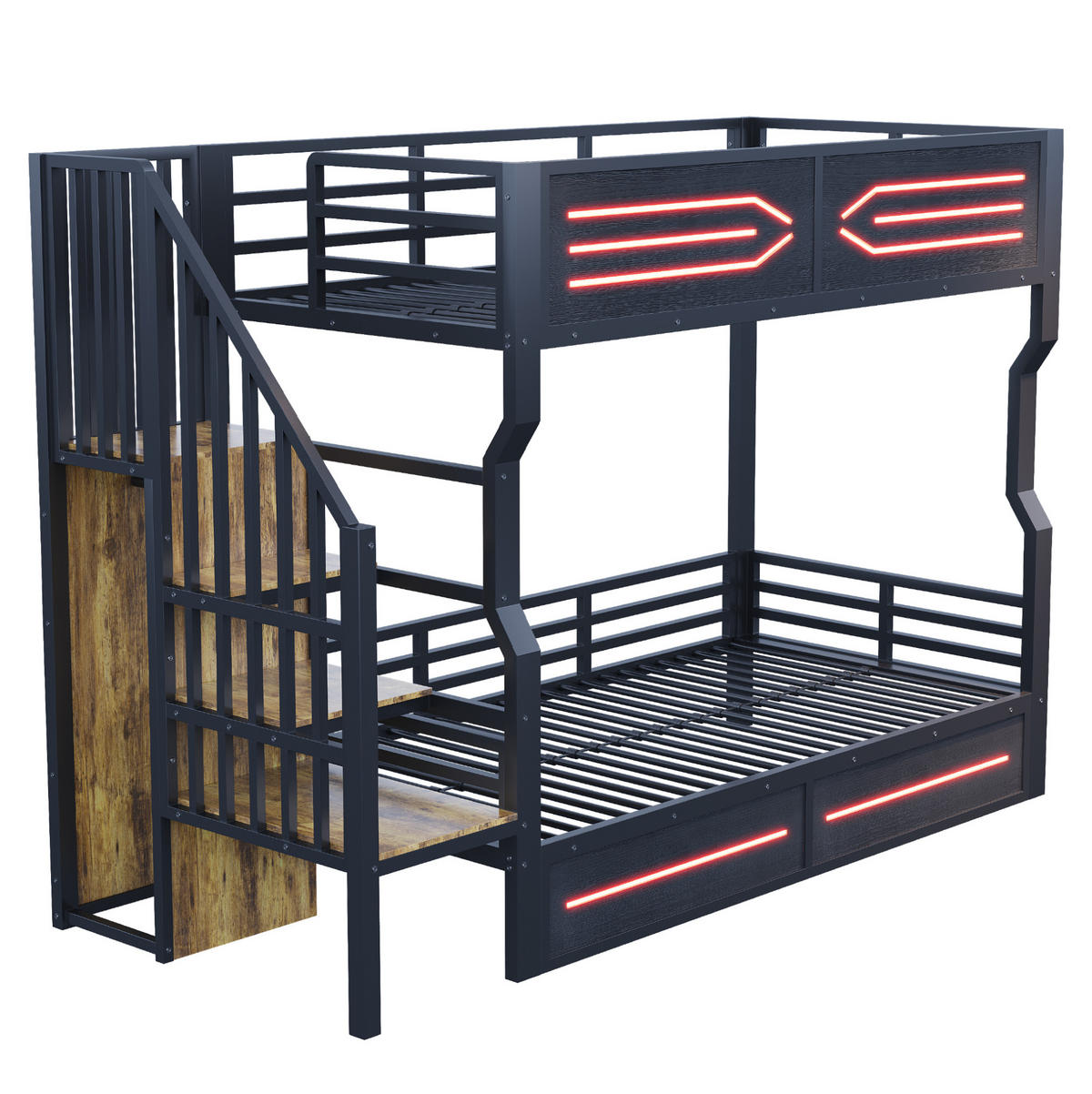 HOCHBETT 90/200 cm aus Metall und MDF mit LED-Beleuchtung, Stauraumtreppe und Sicherheitsgitter, Schwarz - Schwarz, Metall (90/200cm) - Redom