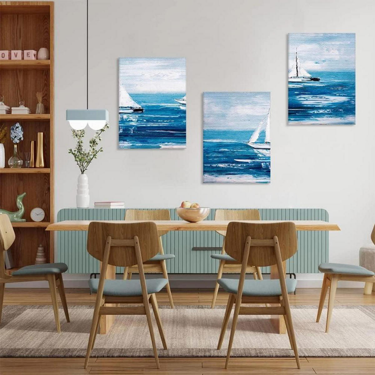 LEINWANDBILD 3-teiliges Set Blauer Ozean und Segelboot 30 x 40 cm - Blau, Textil (40/0.5cm)