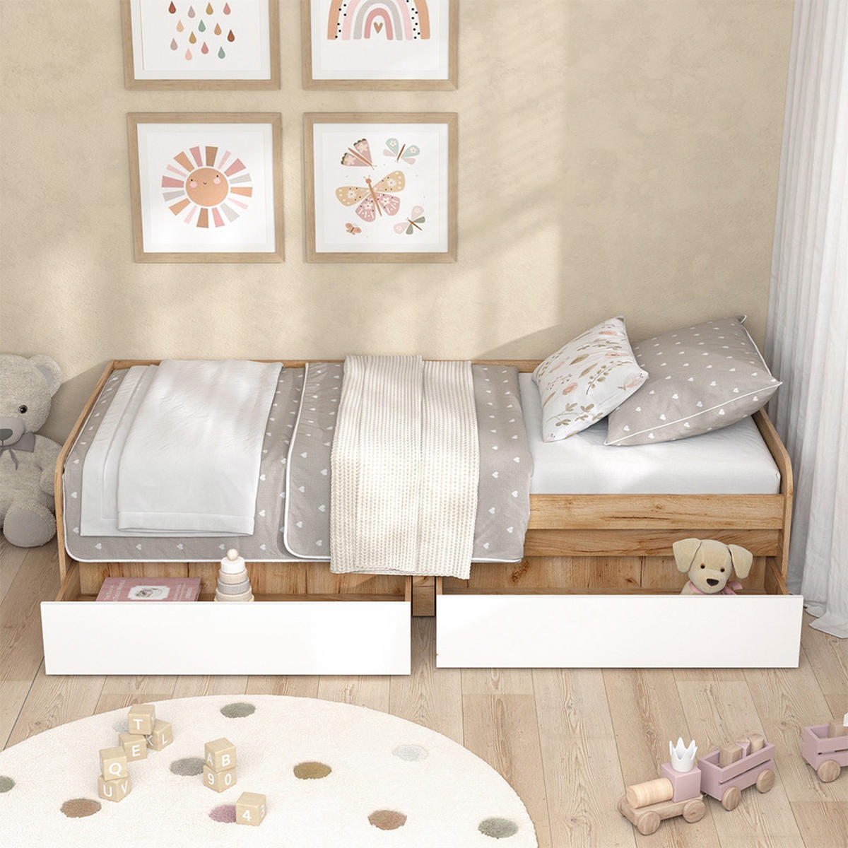 KINDERBETT Clario Weiß/Artisan 90x200 cm mit Matratze - Weiß/Eiche Artisan, Holzwerkstoff - Vicco