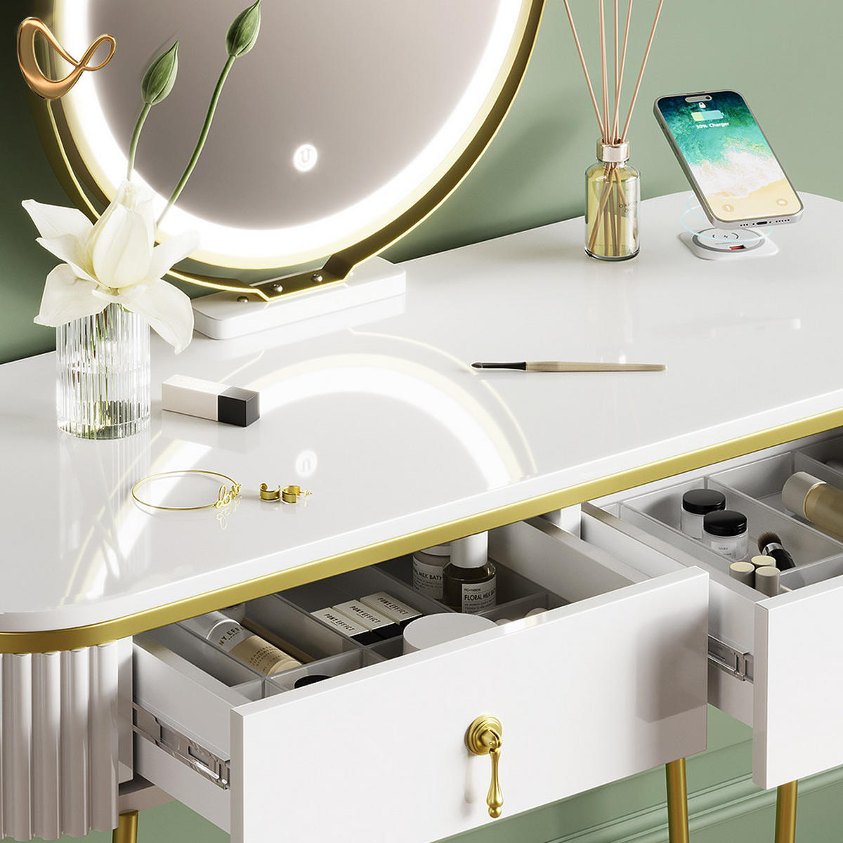 SCHMINKTISCH Isonca Weiß mit LED-Spiegel, QI-Ladestation und Hocker - Weiß, Holzwerkstoff (100/126/40cm) - Livinity®