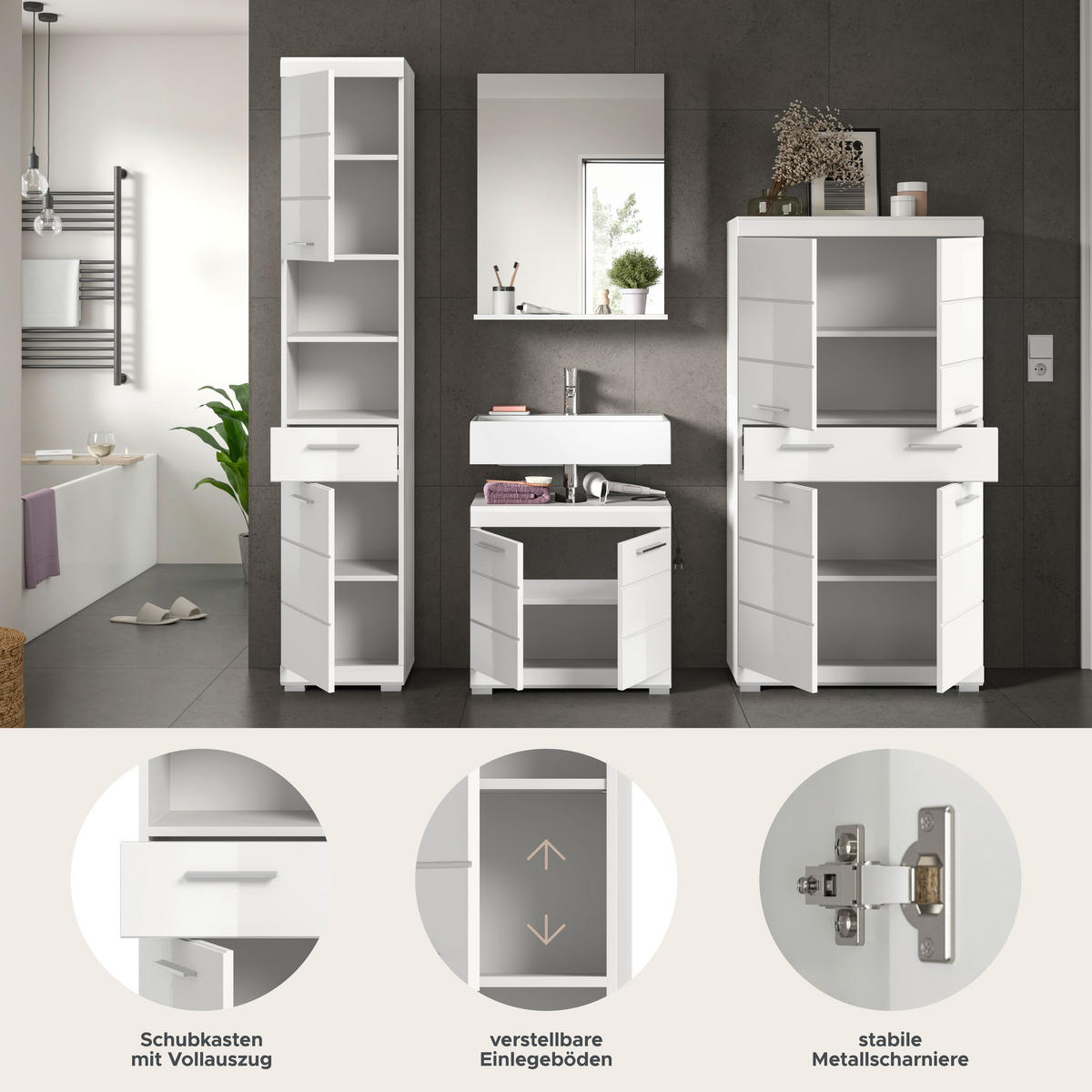 BADKOMBINATION 4tlg. Scout Bad in weiß Nachbildung und weiß hochglanz B/H/T: 186x191x34 cm - Weiß, Holz (186/191/34cm)