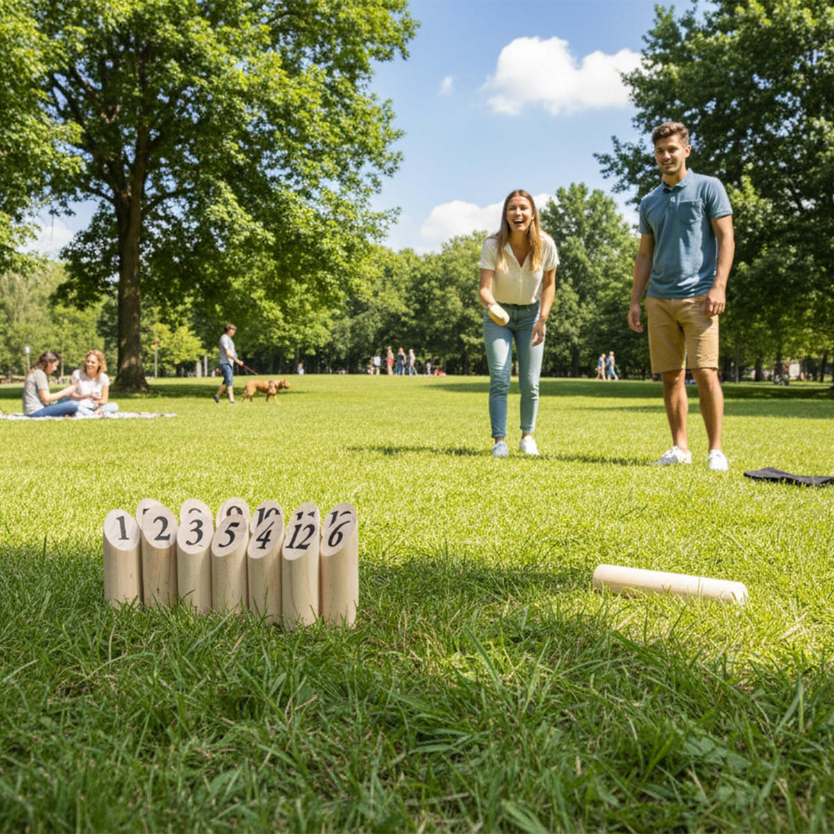 IGRA Prirodna Kubb od borovine 13-dijelna s torbom - svijetlo smeđa, drvo/tekstil (5/5cm) - Relaxdays