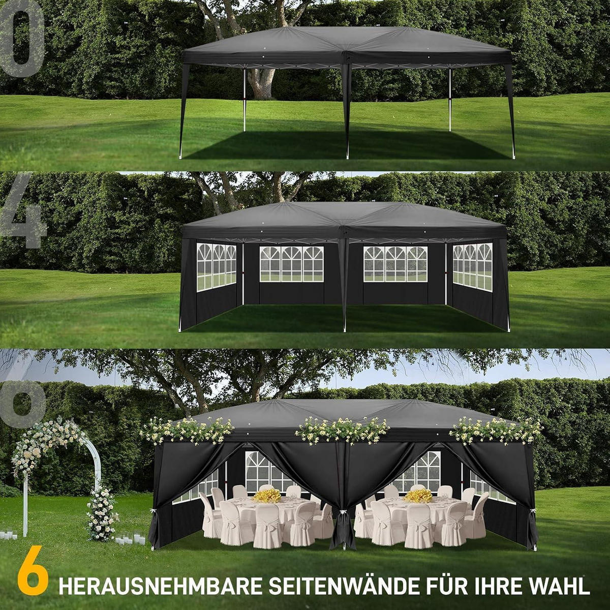 FALTPAVILLON 3 x 6 m Schwarz mit 6 Seitenteilen Wasserdicht UV-Schutz 50+ - Schwarz, Textil (300/255/600cm)