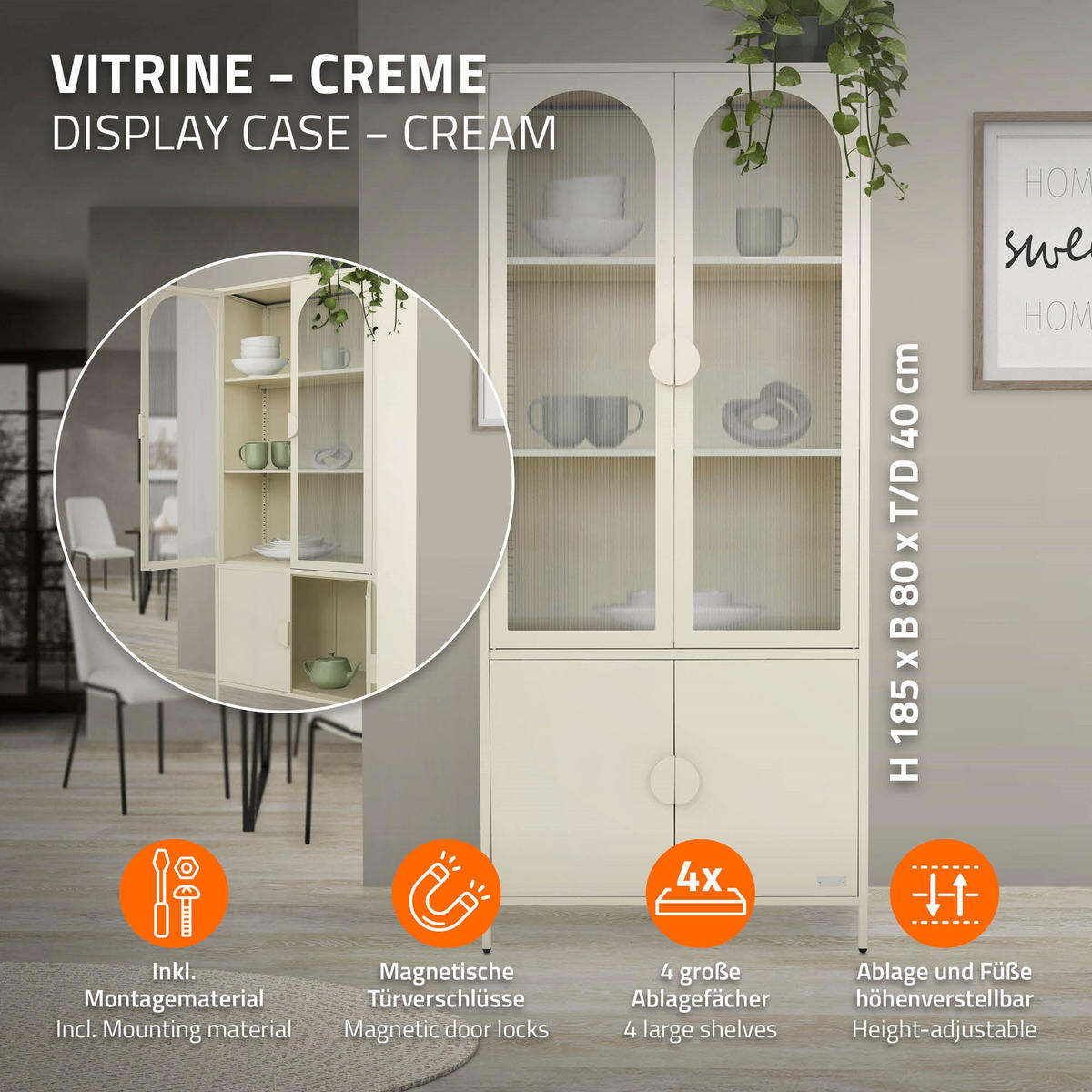 VITRINENSCHRANK 80x185x40 cm Creme aus Stahl mit 4 Türen - Beige, Metall (80/185/40cm) - ML-DESIGN