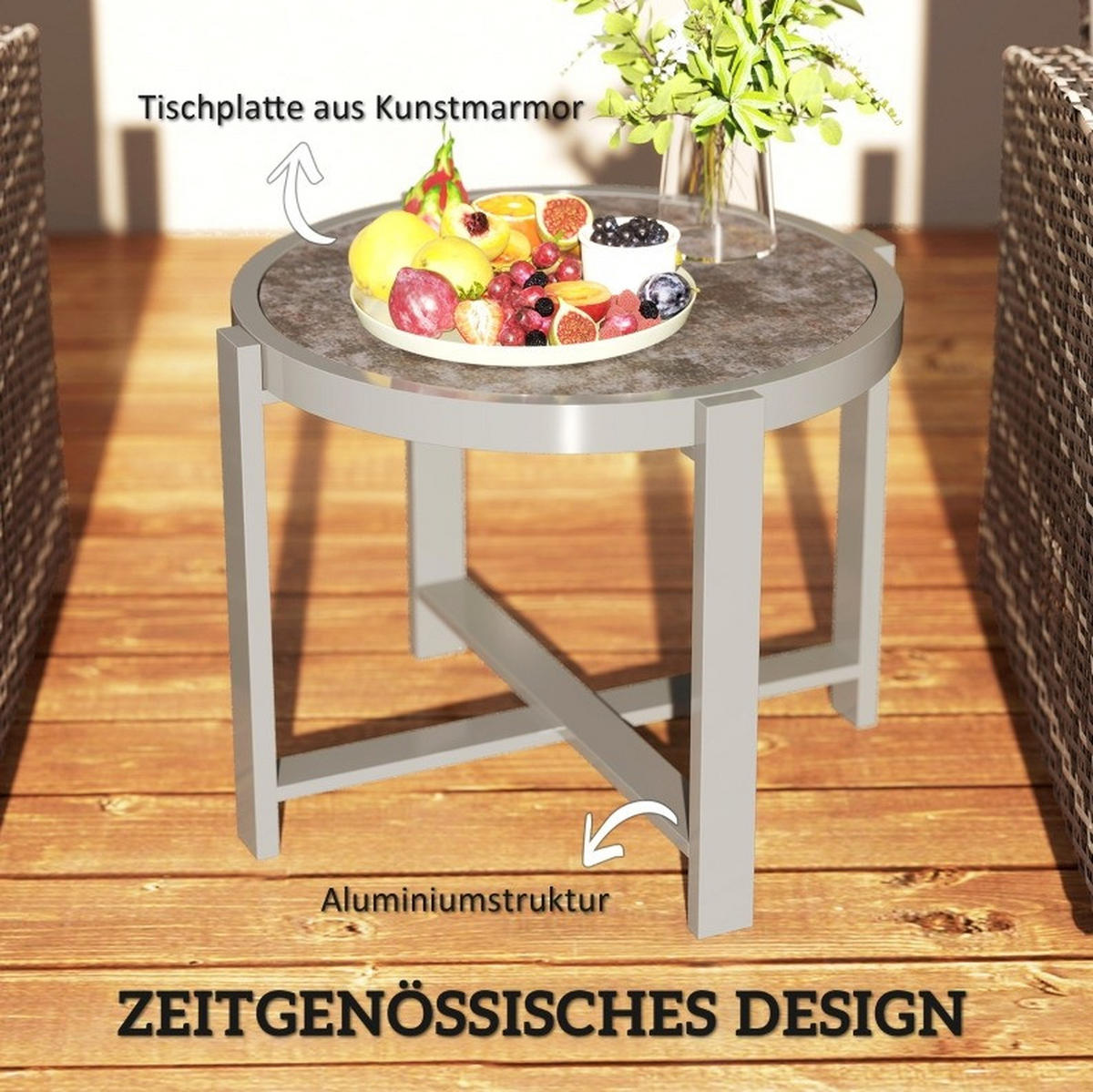 BALKONTISCH 60/60/46 cm wetterfest mit 5 mm Hartglasplatte und Aluminiumgestell, Grau - Naturfarben, Metall (60/60/46cm) - Redom
