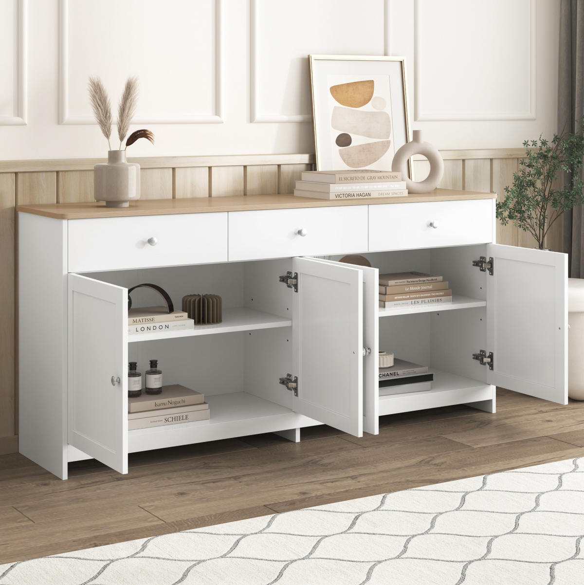 SIDEBOARD 160/37/75 cm aus MDF mit 3 Schubladen und verstellbaren Einlegeböden Weiß/Holzfarben - Weiß, Holzwerkstoff (160/75/37cm) - Modenvie