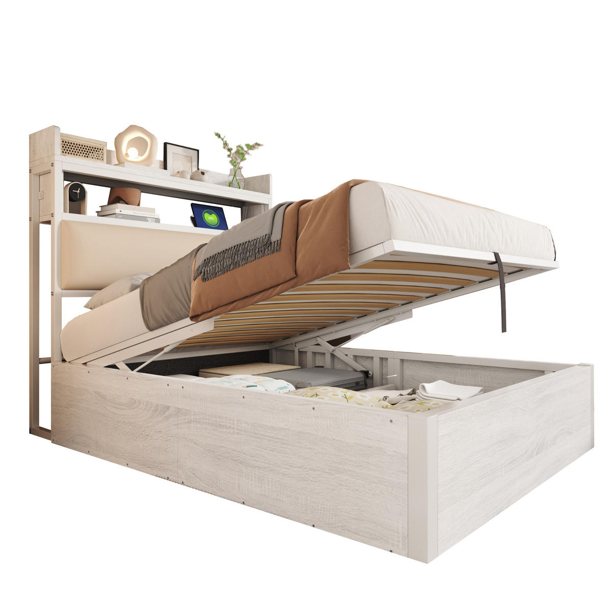 POLSTERBETT 90/200 cm weiß aus Metall und Holz mit Stauraum und USB - Weiß, Metall (90/200cm) - OKWISH