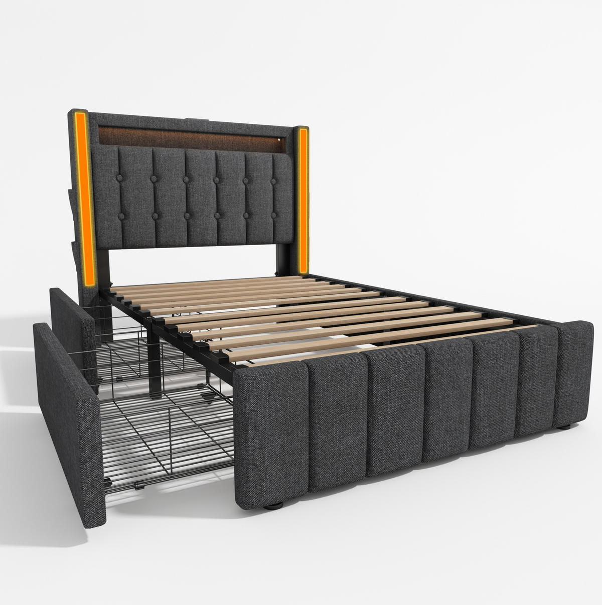 POLSTERBETT 90/200 cm Grau aus Leinen mit USB-C und LED-Beleuchtung mit Matratze - Grau, Textil (90/200cm) - OKWISH