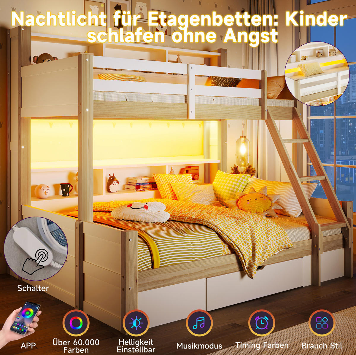 ETAGENBETT 90/200 + 140/200 cm mit LED-Beleuchtung und Stauraum in Weiß/Natur - Weiß, Holz - BEAOK