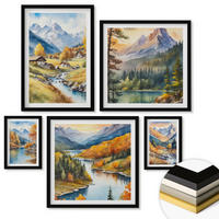 WANDBILDER 5er-Set - 50x50 cm & 20x30 cm & 40x60 cm Schwarzer Rahmen - Bergblick, Fluss, Herbst - Schwarz, Kunststoff (40/60cm) - ArtPrintCave