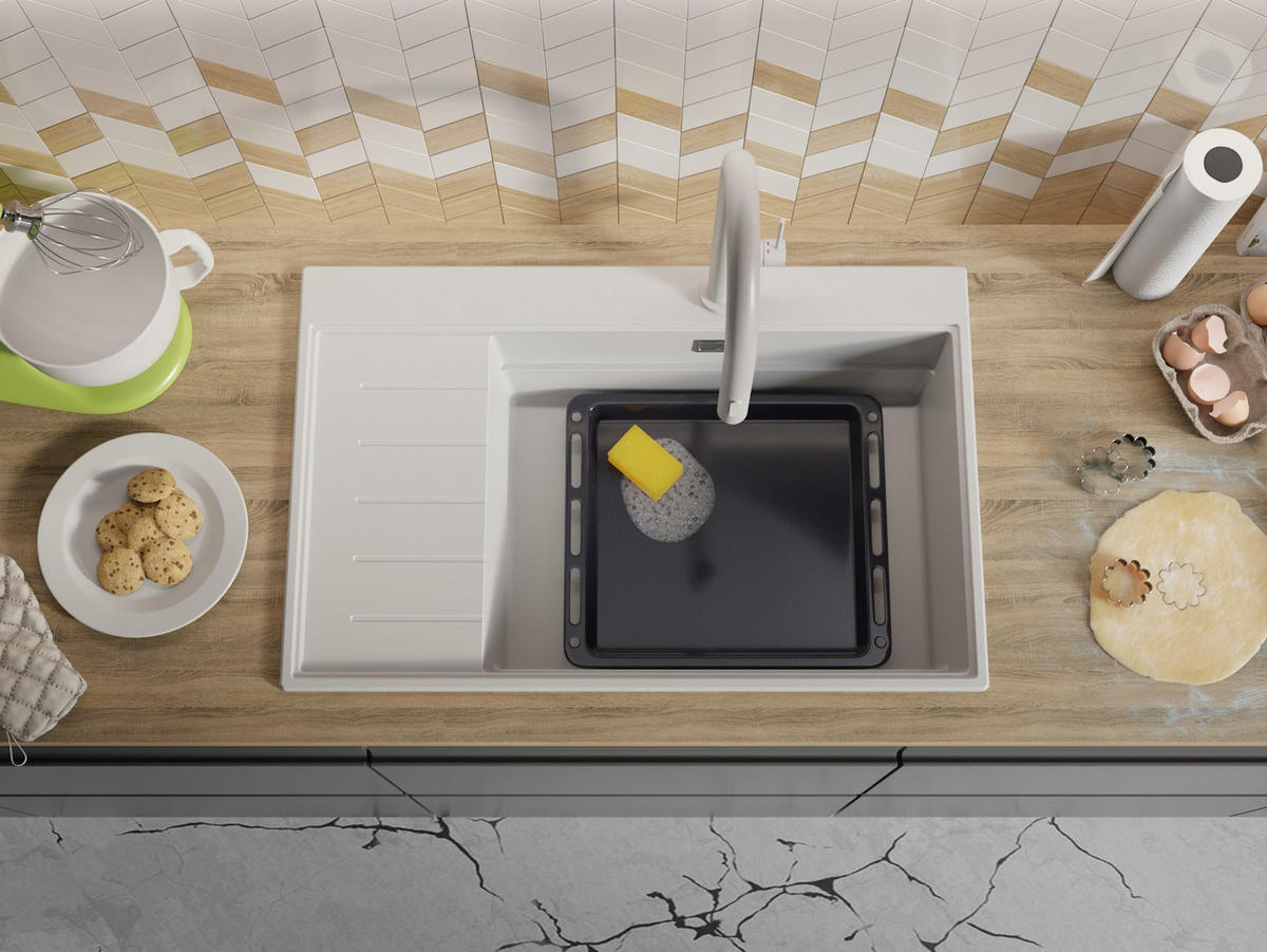 GRANITSPÜLE Sydney, 2-er set Weiß 78/50 cm 1 Becken + Küchenarmatur 32/20 cm + Ablauf-Set + Küchenzubehörset ab 60er Unterschrank - Chromfarben/Beige, Kunststoff (78/20/50cm) - Primagran