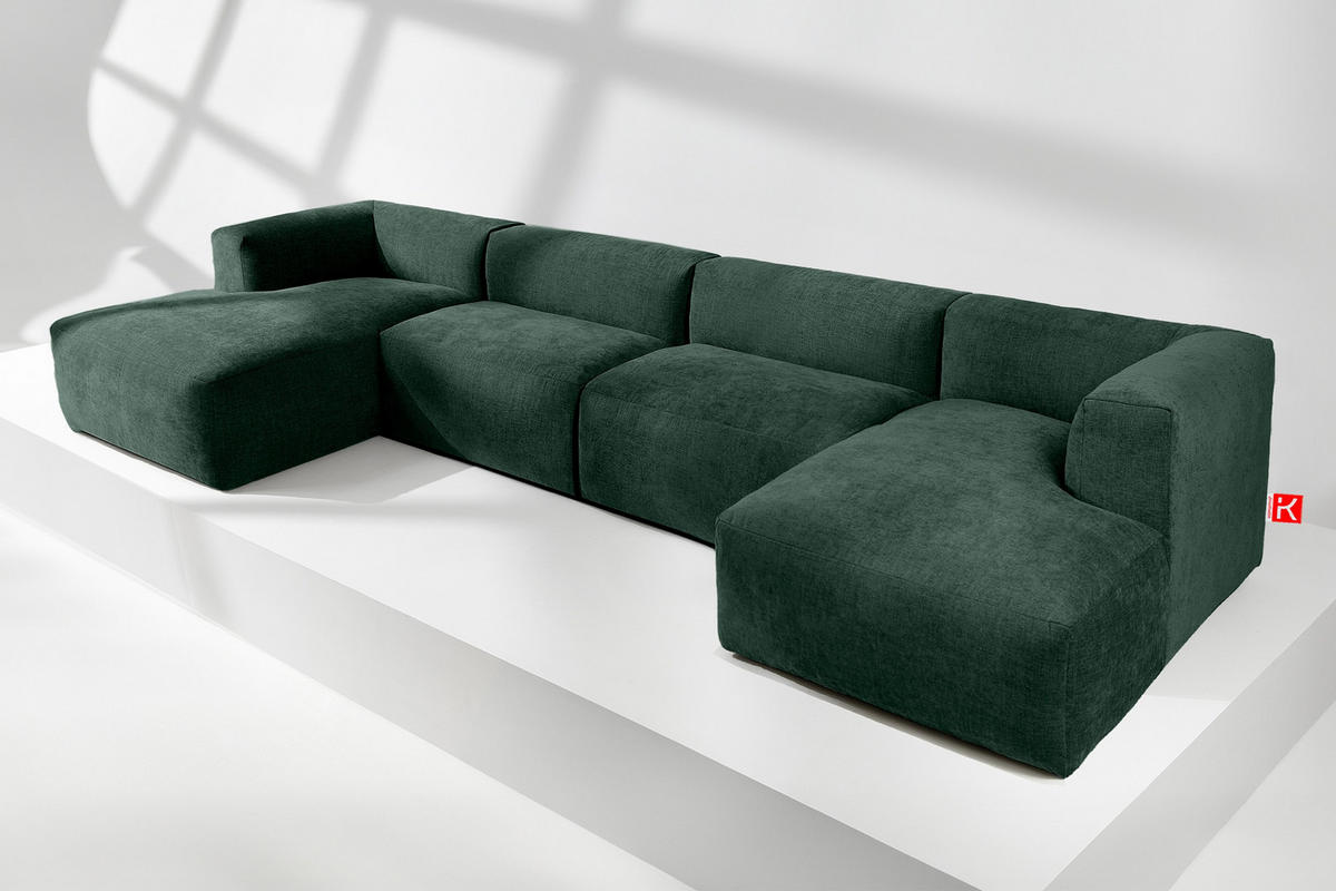 PANORAMA-ECKSOFA BUFFO 7/8 Sitzer mit extrem weicher Sitzfläche, Gewebestoff, maritim - Grün, Textil (424/73/180cm) - KONSIMO®